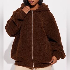 Fashion Nova Brown Snuggle Up Hooded Sherpa Coat - Small